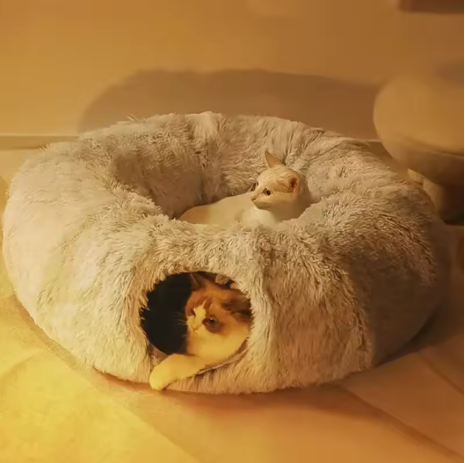 Cama de felpa para gatos con túnel para gatos de interior, cama de túnel multifuncional para gatos con mirilla, cama para gatos de Donut esponjosa con túnel
